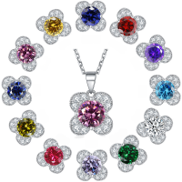 wholesale 925 Silver Purely Silver Flower Shape Colorful Gemstone Cubic Zirconia Pendant Collarbone Chain Ins Four-Leaf Clover Necklace for Women Small Batch Wholesale-Sea Blue [March] 925 Silver
