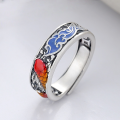wholesale S925 Sterling Silver Enamel Koi Carp Auspicious Clouds Pattern Openwork Filigree Matte Craft Ring Ethnic Style Index Finger Ring-0-0