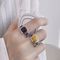 wholesale S925 Sterling Silver Vintage Style Oxidized Square Wax Amber Blood Resin Drop Glue Flower Antique Design Adjustable Ring for Women-1438FJ beeswax/approx. 3.2g Adjustable opening