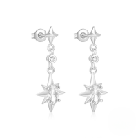 wholesale S925 Sterling Silver Four-pointed Star Octagonal Star Zircon Accent Women's Earrings With Teardrop Pearl-Platinum #3 925 Silver