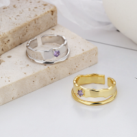 wholesale S925 Sterling Silver Double Layer Wavy Edge with Purple Zircon Open Ring, Minimalist and Fashionable, Elegant and Light Luxury Style-D193/white gold about 4.2g opening adjustable