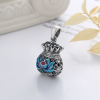 wholesale Silver S990, vintage antique style, resin enamel, lotus flower,, money bag shape, ethnic style pendant-YP149M/single pendant about 11.4g pure silver