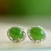 wholesale 925 Sterling Silver with Hetian Jade Inlaid Earrings, Simple Ancient Style Natural Cabochon Green Jade Stud Earrings for Women-Jasper 8*10mm 925 silver