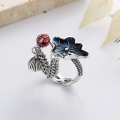 wholesale S925 Sterling Silver Retro Resin Enamel Lotus Leaf Chain Tassel Pendant Ethnic Style Versatile Open Ring-0-1