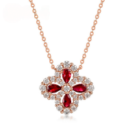 wholesale S925 Silver New European and American Light Luxury Fashion Four-Leaf Clover Cultured Ruby Necklace Colored Gemstone Pendant Collarbone Chain Wholesale-Cultivated Ruby 925 Silver