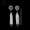 wholesale 925 Silver Gold-Plated Earrings with High-Carbon Diamond, Pigeon Blood Red, Round-Cut, Vintage Pearl Fringe Jewelry for Women-0-1