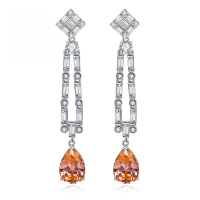 wholesale Metal material first, MuJing Jewelry Cross-Border New European and American Padparadscha 5-Carat High-Carbon Diamond Teardrop 10*14 Long Tassel Earrings-E332 White Diamond &gt;925 Silver