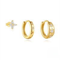 wholesale S925 Sterling Silver Marquise Zircon Star Earrings With Flower Hoops,。-Set of 3 - Gold#1 925 Silver