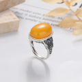wholesale S925 sterling silver vintage distressed openwork floral inlaid oval amber stone luxury design adjustable ring-0-2