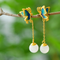 wholesale 925 Silver Gold-Plated Enamel Butterfly Earrings with Hetian Jade Inlay in Retro Chinese Style-0-0