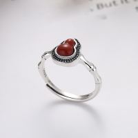 wholesale S925 silver antique vintage inlaid southern red agate peace gourd personalized design ethnic fashion ring-YFJ1194/approx. 2.6g>Adjustable opening