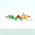 wholesale S925 silver gold-plated minimalist Japanese nano green zircon red corundum dove open ring forest fairy style bird ring-0-0