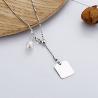 wholesale S925 sterling silver vintage distressed square plaque English ball chain with pearl ins style collarbone necklace-YFL180/approx. 3.95g>925 silver