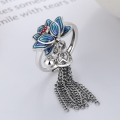 wholesale S925 Sterling Silver Vintage Enamel Blue Lotus Tassel Bell Ethnic Bohemian Adjustable Ring-0-0