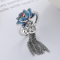 wholesale S925 Sterling Silver Vintage Enamel Blue Lotus Tassel Bell Ethnic Bohemian Adjustable Ring-YJ653M approx. 5.1g  925 silver