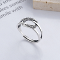 wholesale S925 Sterling Silver Korean-style Minimalist Square Frame with Zirconia Overlapping Double-layer Open Ring-0-0