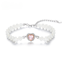 wholesale Metal material, cross-border new pink love natural pink crystal bracelet, luxury fashion versatile pearl hand string jewelry women's wholesale-Natural Rose Quartz &gt;925 Silver