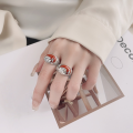 wholesale S990 Sterling Silver Vintage Antique Craft Lotus Flower Southern Red Agate Pattern Ethnic Bohemian Versatile Adjustable Open Ring-0-3