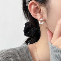 wholesale S925 Sterling Silver Korean Minimalist Ellipse Smooth Earring with Wire Drawing Moon Pendant M06692-S925 silver pair 925 silver