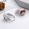 wholesale S925 Sterling Silver Heavy Craft Retro Lotus Pattern Southern Red Agate Ring Ethnic Style Elegant Index Finger Ring-0-1