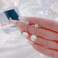 wholesale S925 Sterling Silver Eight-Pointed Star Pearl Pin Earrings for Women, Elegant and Graceful Micro-Set New Sweet Ear Accessories-0-3