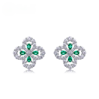wholesale S925 Sterling Silver Full Drill New Four-Leaf Clover Stud Earrings with Lab-Grown Emerald for Women Factory Wholesale-Cultured Emerald 925 Silver
