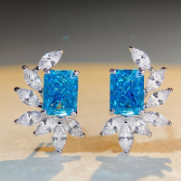 wholesale S925 Sterling Silver Ice-Cut Earrings with Aquamarine Gemstone, Full Diamond Marquise Wheat Zircon Earrings for Women Wholesale-Yellow Diamond-ED031 925 Silver