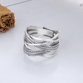 wholesale S925 Sterling Silver Wide Irregular Feather Line Crossover Ring, Personalized Trendy Hip-Hop Index Finger Ring-0-1