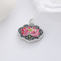 wholesale Sterling Silver Retro Ethnic Hollowed Out Resin Enamel Lotus Heart Sutra Ancient Style Pendant Necklace-0-2