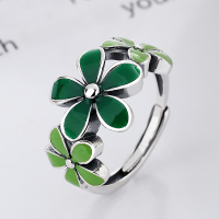 wholesale S925 Sterling Silver Korean Style Small Fresh Epoxy Green Flower Forest Series Creative Openable Ring-YFJ739/approx. 4.3g Adjustable opening