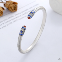 wholesale S990 Sterling Silver Antiqued Matte Process Heart Sutra Red Agate Heart Adjustable Bangle Retro Ethnic Style-189SW/approx. 16.3g Pure Silver