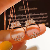 wholesale S925 Sterling Silver Xiaohongshu Same Style Diamond-Encrusted Bow Circle Pendant Necklace Korean Version Fashion Elegant Simple Versatile Collarbone Chain-Princess Escape Necklace - Rose 925 Silver
