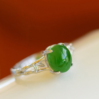 wholesale 925 Sterling Silver With Certificate Egg Noodle Jasper Ring, Retro Chinese Style Bamboo Leaf Adjustable Opening Green Jade Women's Ring-Jade Cabochon Open Ring Adjustable Opening