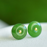 wholesale Low-key versatile 18K gold inlaid natural Hetian jadeite earrings with certificate, featuring a peace buckle jade ear ornament-8mm gold>18K