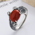 wholesale S925 Sterling Silver Vintage Ethnic Style Lotus Leaf and Pod with Southern Red Inlay Light Luxury Elegant Open Ring-0-0
