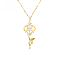 wholesale 10K Gold Japanese-style Natural Freshwater Pearl White Zircon Key Pendant, Gentle and Sophisticated-10K Gold Pearl Pendant (without chain) 10k