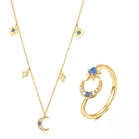 wholesale S925 Sterling Silver Adjustable Stackable Star And Moon Opal Necklace And Ring Set-Ring and necklace set 925 silver