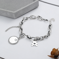 wholesale S925 Sterling Silver Circle Link Chain Bracelet with Bear Pendant, Floral Edge Pattern, Smiley Face, and Letter Charms-YS099/approx. 14.9g 925 silver
