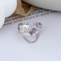 wholesale S925 Sterling Silver Irregular Pleated Square Purple Zirconia Chain Open Ring Light Luxury Style-0-1
