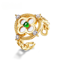 wholesale Original design retro court-style white shell window flower ring for women, S925 sterling silver inlaid with jadeite, available for dropshipping-10K gold + swimming paint>Adjustable opening