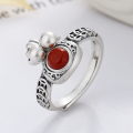 wholesale S925 Sterling Silver Vintage Antique Matte Craft Coin Bag Coin South Red Ethnic Style Open Ring-0-0