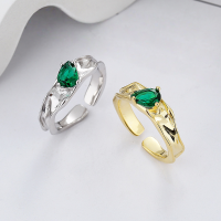 wholesale S925 Sterling Silver Irregular Open Ring with Green Zircon, Light Luxury Style, Niche Design Index Finger Ring-D187/white gold about 3.4g opening adjustable