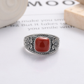 wholesale S925 Sterling Silver Vintage Style Retro Square-cut Red Agate Wide Band Engraved Pattern Adjustable Open-back Ring-0-3