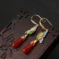 wholesale Sterling Silver New Chinese Style Red Carnelian Earrings with Enamel Butterfly and Jade Ear Drops, Certificate Included, High-End Birthday Gift-0-0