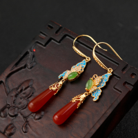 wholesale Sterling Silver New Chinese Style Red Carnelian Earrings with Enamel Butterfly and Jade Ear Drops, Certificate Included, High-End Birthday Gift-Golden Lotus Red Agate Chalcedony 925 Silver