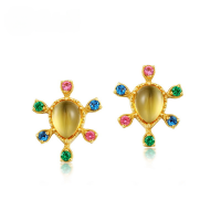 wholesale 925 Silver Gold-Plated Japanese Light Luxury Yellow Crystal Geometric Color Gemstone Earrings for Women Rainbow Fantasy Sky Ear Wholesale-Synthetic Citrine &gt; 925 Silver