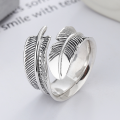 wholesale S925 Sterling Silver Retro Vintage Classic Feather Design Adjustable Ring for Men and Women-0-0