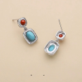 wholesale Metal French Vintage Natural Turquoise Geometric Earrings, Minimalist Niche High-End Royal Style Earrings-0-2