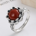 wholesale S925 Sterling Silver Eight-Petal Lotus Auspicious Clouds Inlaid with Southern Red Agate Ring, Retro Palace Ethnic Style Ring-0-2