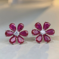 wholesale S925 sterling silver earrings for women, daisy camellia ear accessories, wholesale full-drilled red gemstone flower, minimalist silver earrings-0-0